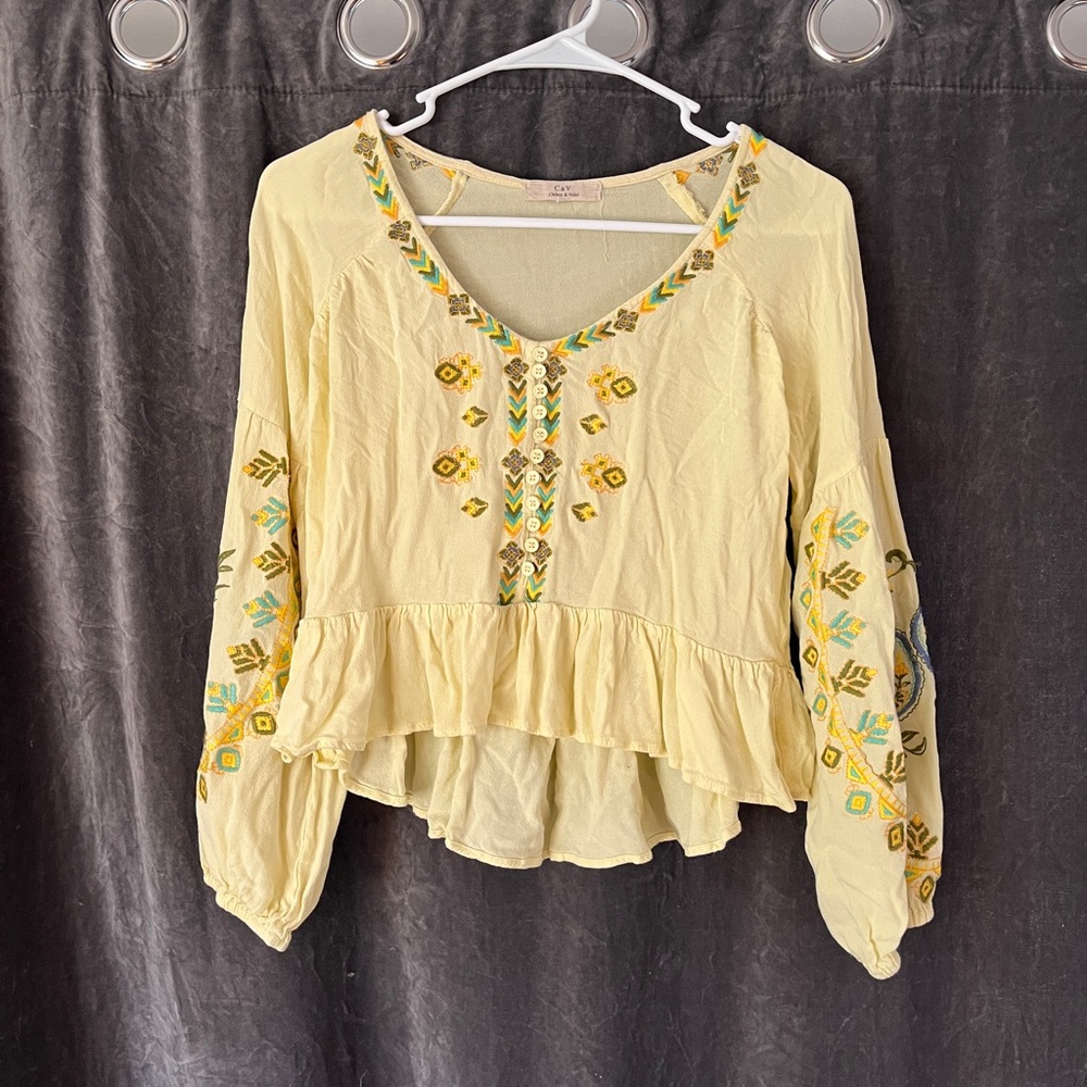 Chelsea & Violet Yellow Embroidered Boho Blouse